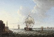An English man-o'war shortening sail entering Portsmouth harbour, with Fort Blockhouse off her port quarter